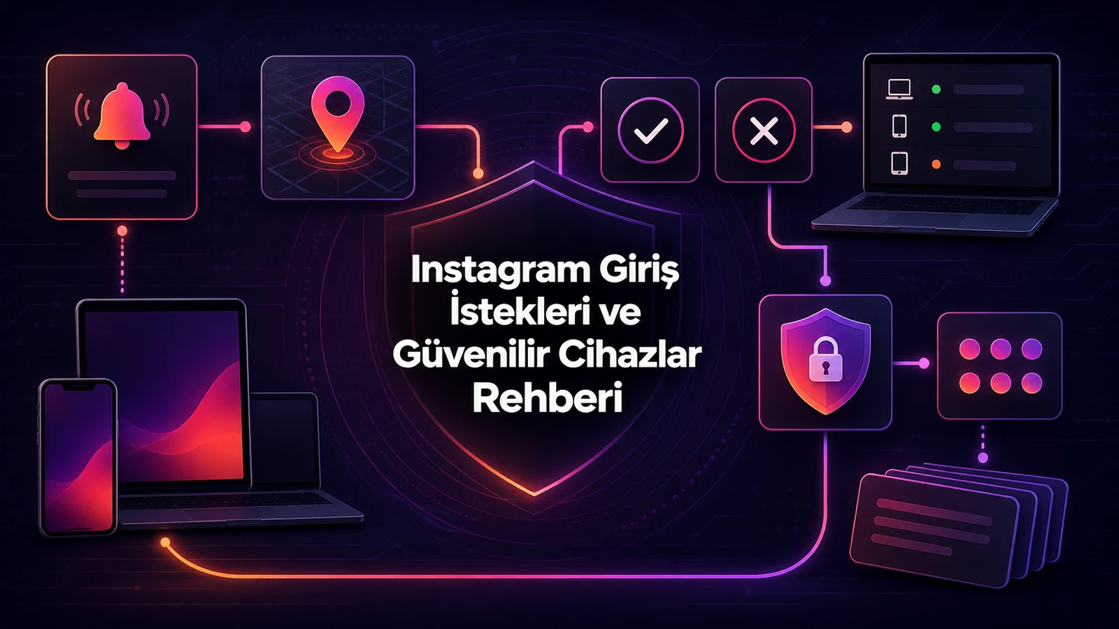 Bilinmeyen giriş uyarısı, konum kontrolü, onay veya ret, aktif cihazlar ve iki faktörlü güvenlik akışını gösteren logosuz infografik