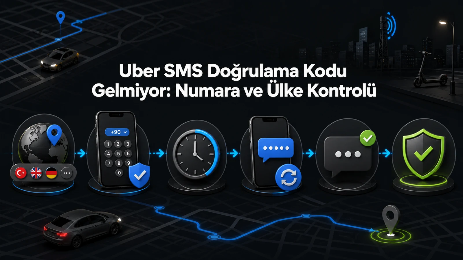 Ülke seçimi, telefon numarası, bekleme, SMS tekrar gönderme ve hesap güvenliği adımlarını gösteren logosuz infografik