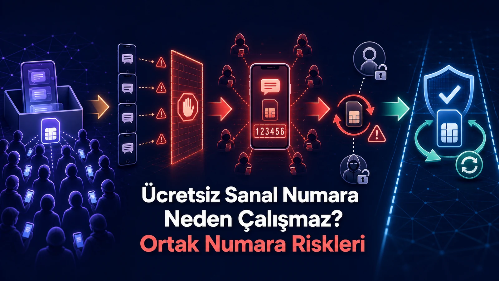 Ortak sanal numarada yoğun kullanım, engelleme, açık SMS kodu, numara geri dönüşümü ve özel atama farkını gösteren infografik